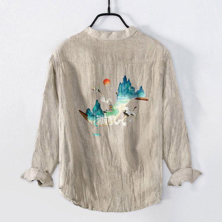 Chemise à manches longues pour homme en coton et lin, motif Buddha Stones , montagnes, grues et nuages, demi-boutons - image 5