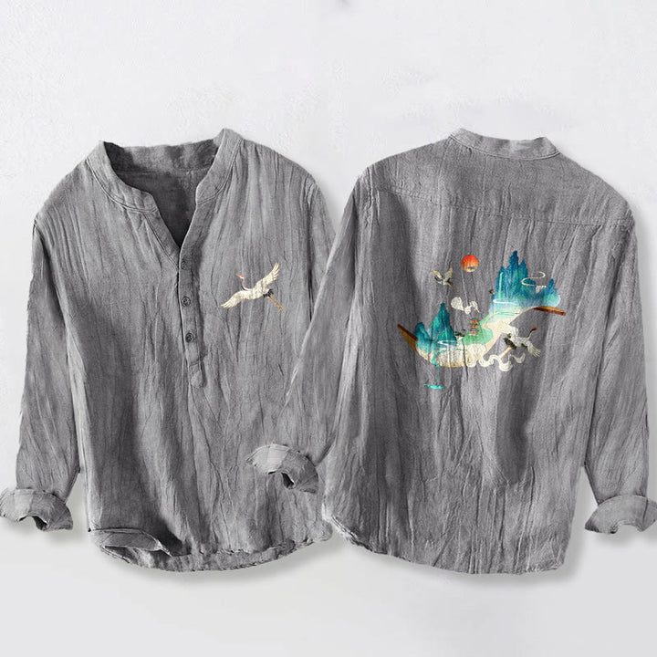 Chemise à manches longues pour homme en coton et lin, motif Buddha Stones , montagnes, grues et nuages, demi-boutons - Gris - US/UK/AU50，EU60 (5XL) - image 0