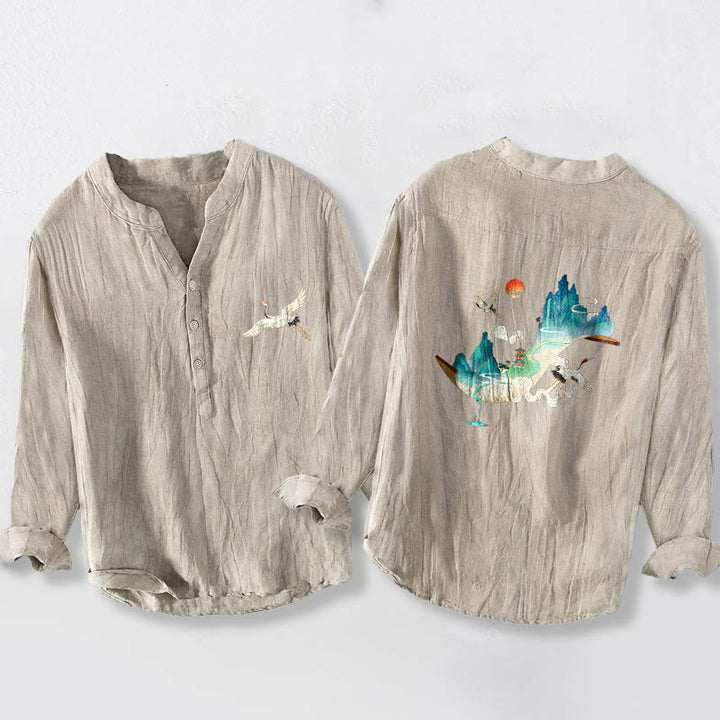 Chemise à manches longues pour homme en coton et lin, motif Buddha Stones , montagnes, grues et nuages, demi-boutons - Lin - US/UK/AU50，EU60 (5XL) - image 3