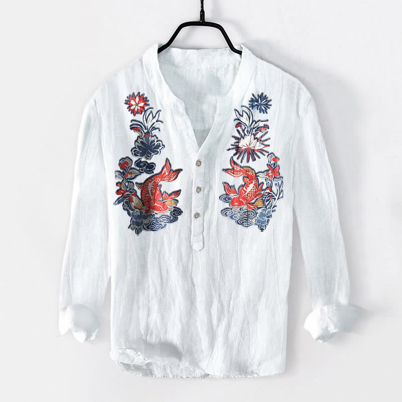 Chemise à manches longues pour homme en coton et lin, à demi-boutons, avec motif de fleurs et de carpes koï, Buddha Stones - Blanc - US/UK/AU50，EU60 (5XL) - image 6