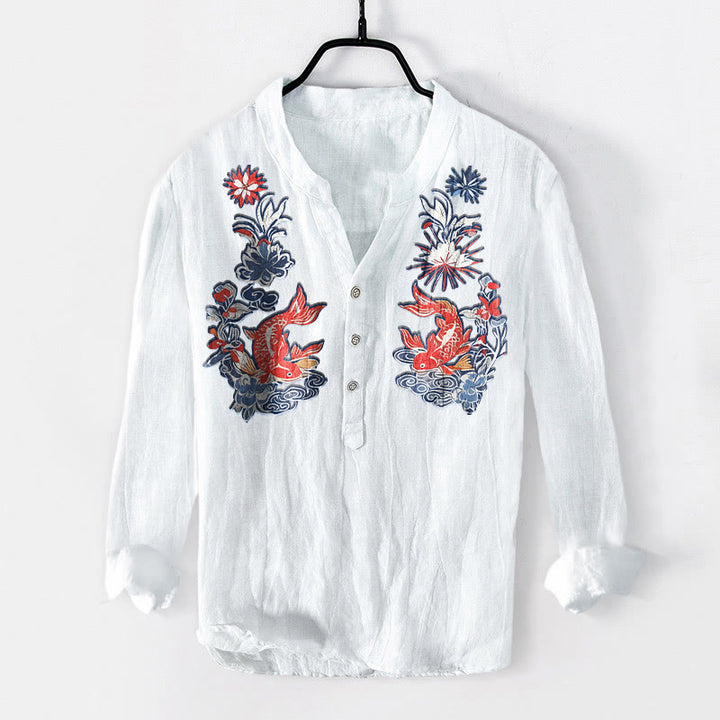 Chemise à manches longues pour homme en coton et lin, à demi-boutons, avec motif de fleurs et de carpes koï, Buddha Stones - Blanc - US/UK/AU50，EU60 (5XL) - image 6
