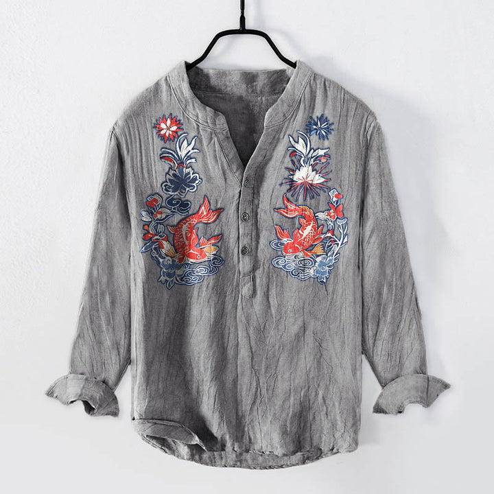 Chemise à manches longues pour homme en coton et lin, à demi-boutons, avec motif de fleurs et de carpes koï, Buddha Stones - Gris - US/UK/AU50，EU60 (5XL) - image 3