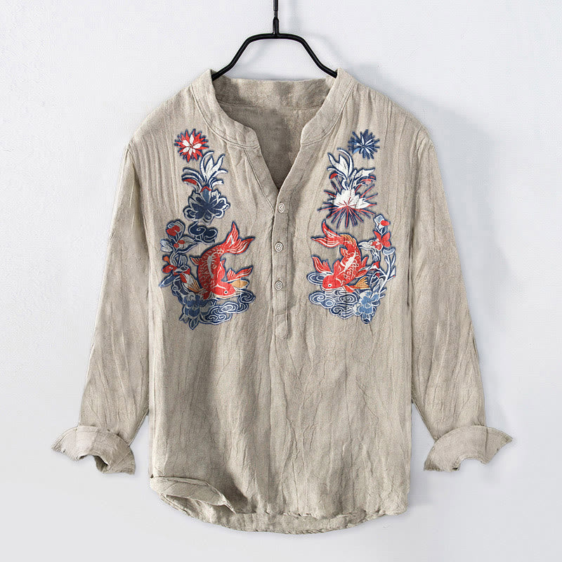 Chemise à manches longues pour homme en coton et lin, à demi-boutons, avec motif de fleurs et de carpes koï, Buddha Stones - Lin - US/UK/AU50，EU60 (5XL) - image 0