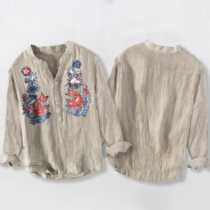 Chemise à manches longues pour homme en coton et lin, à demi-boutons, avec motif de fleurs et de carpes koï, Buddha Stones - image 2