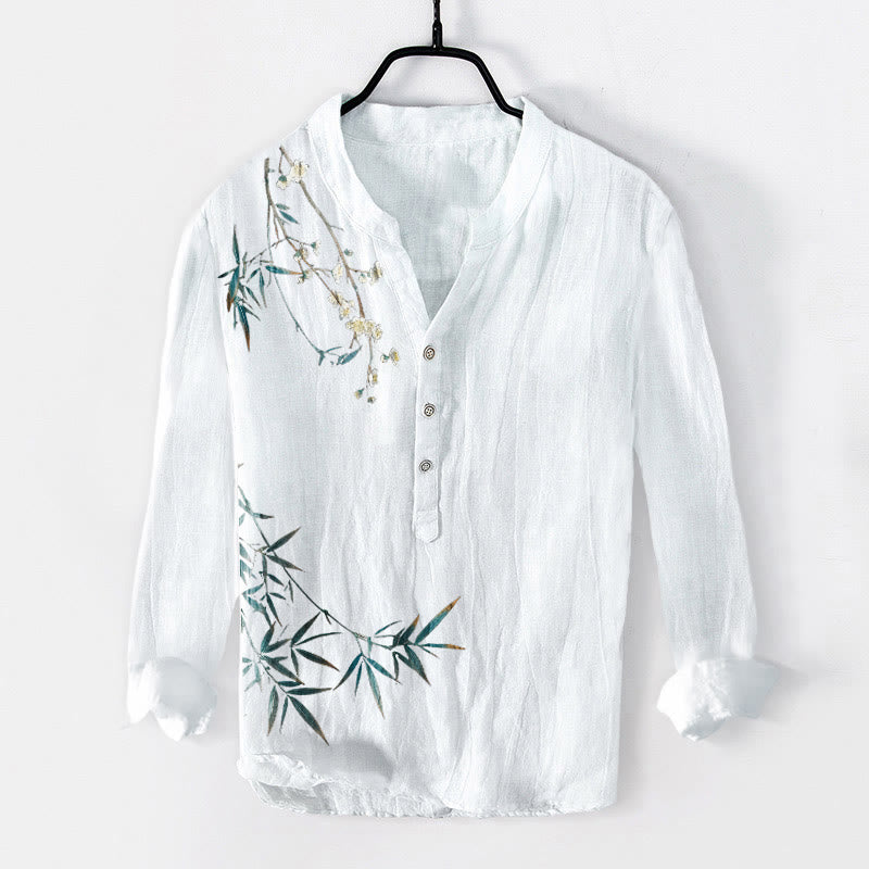 Chemise à manches longues pour homme en coton et lin, motif Buddha Stones , feuilles de bambou et fleurs de prunier blanches - Blanc - US/UK/AU50，EU60 (5XL) - image 6