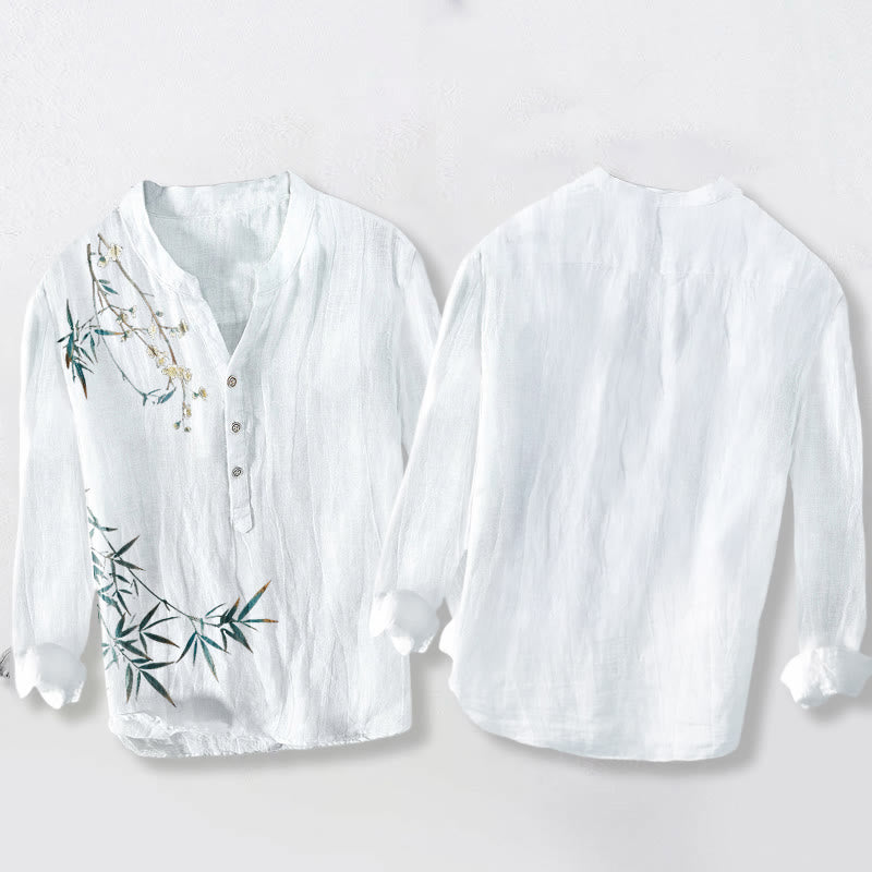 Chemise à manches longues pour homme en coton et lin, motif Buddha Stones , feuilles de bambou et fleurs de prunier blanches - image 8