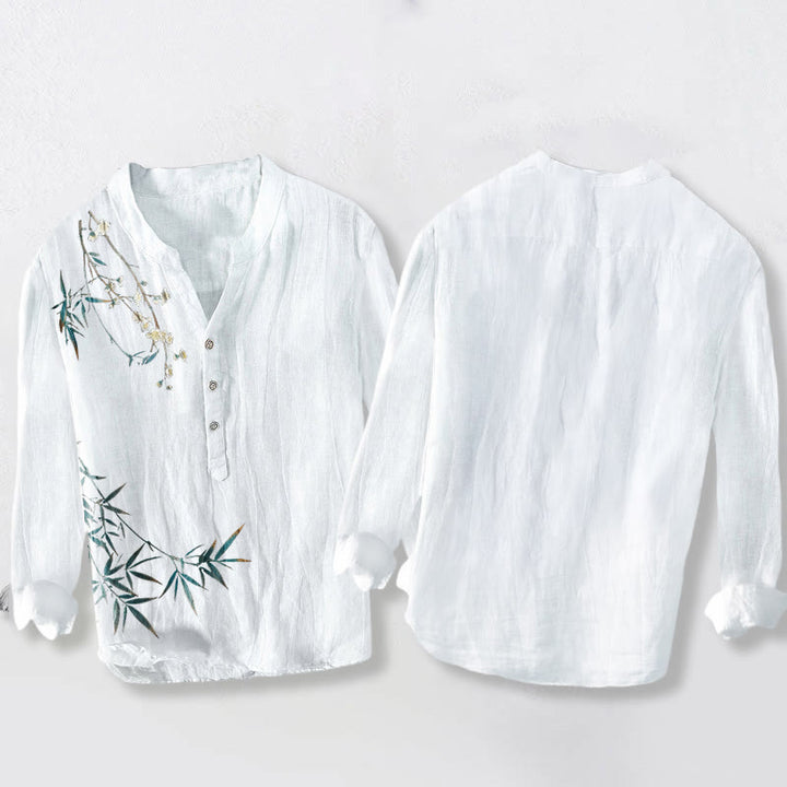 Chemise à manches longues pour homme en coton et lin, motif Buddha Stones , feuilles de bambou et fleurs de prunier blanches - image 8