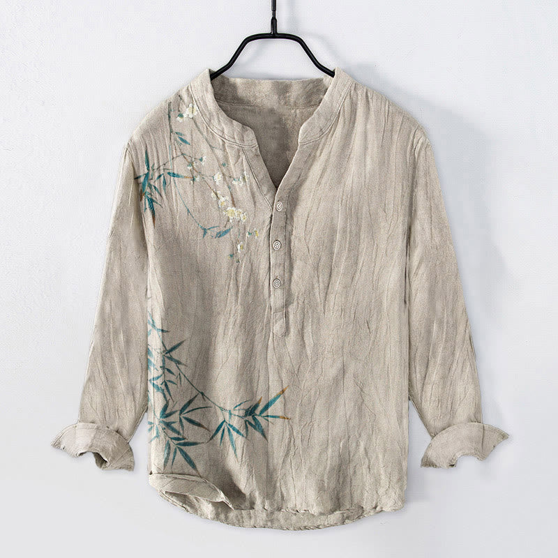 Chemise à manches longues pour homme en coton et lin, motif Buddha Stones , feuilles de bambou et fleurs de prunier blanches - Lin - US/UK/AU50，EU60 (5XL) - image 0