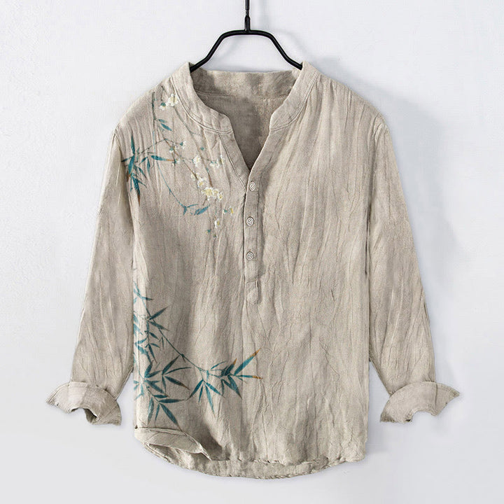 Chemise à manches longues pour homme en coton et lin, motif Buddha Stones , feuilles de bambou et fleurs de prunier blanches - Lin - US/UK/AU50，EU60 (5XL) - image 0