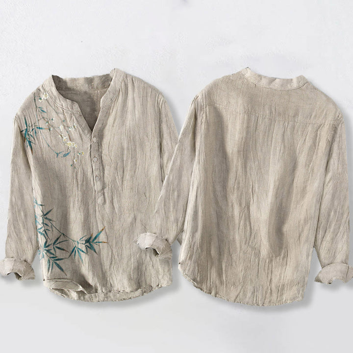 Chemise à manches longues pour homme en coton et lin, motif Buddha Stones , feuilles de bambou et fleurs de prunier blanches - image 2