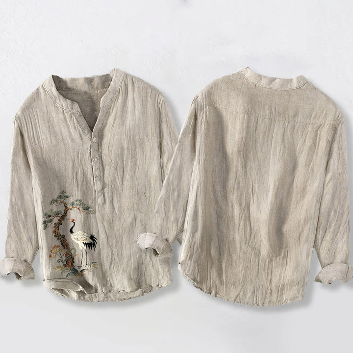 Chemise à manches longues pour homme en coton et lin, motif de Buddha Stones, de grues et de pins, à demi-boutons - image 2