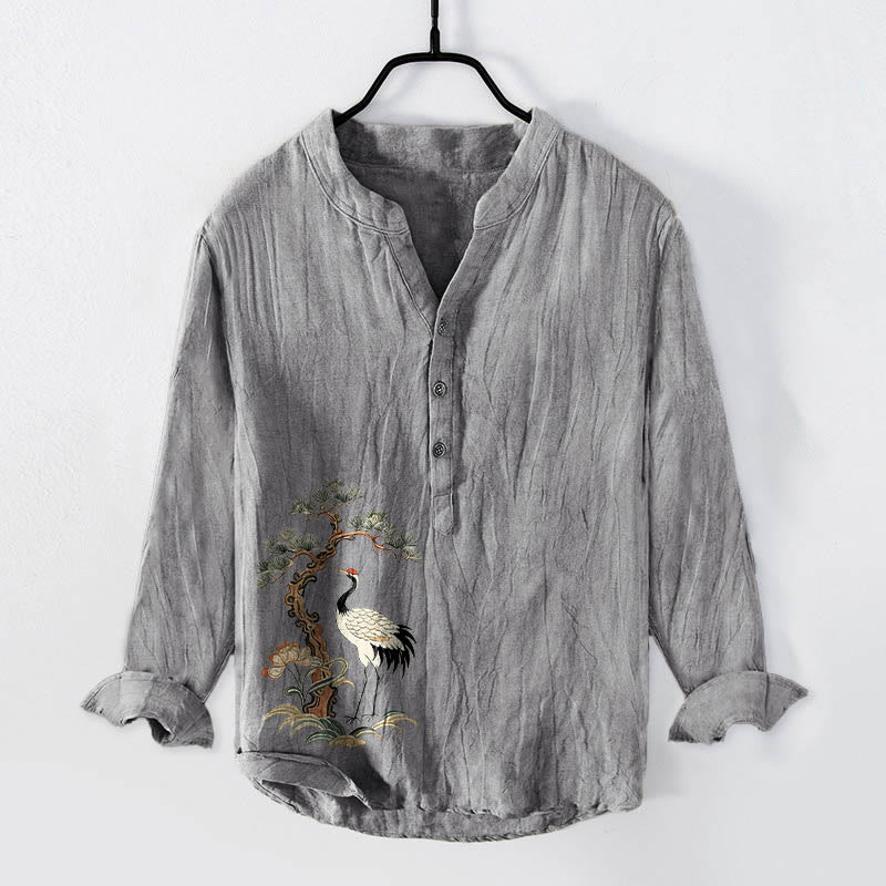 Chemise à manches longues pour homme en coton et lin, motif de Buddha Stones, de grues et de pins, à demi-boutons - Gris - US/UK/AU50，EU60 (5XL) - image 3