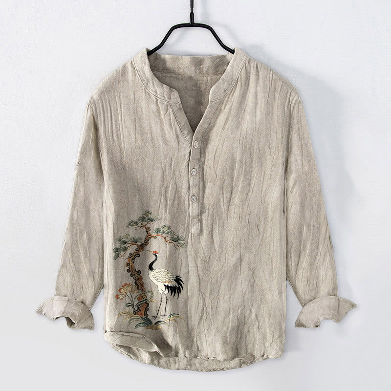 Chemise à manches longues pour homme en coton et lin, motif de Buddha Stones, de grues et de pins, à demi-boutons - Lin - US/UK/AU50，EU60 (5XL) - image 0