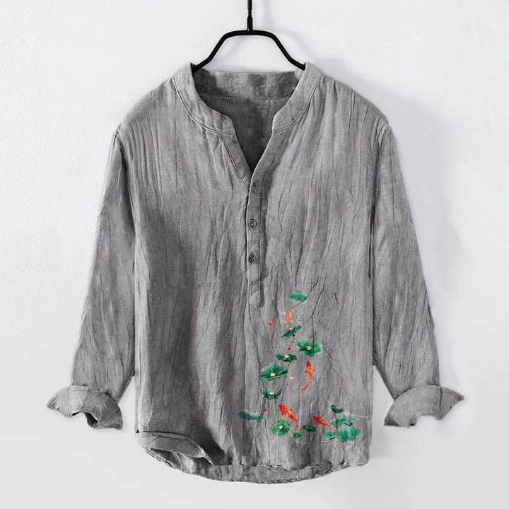 Chemise à manches longues pour homme en coton et lin, à demi-boutons, ornée de Buddha Stones , de carpes koï et de feuilles de lotus. - Gris - US/UK/AU50，EU60 (5XL) - image 6