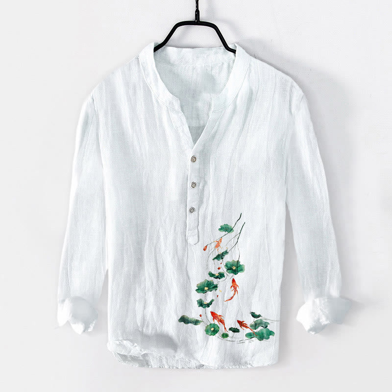 Chemise à manches longues pour homme en coton et lin, à demi-boutons, ornée de Buddha Stones , de carpes koï et de feuilles de lotus. - Blanc - US/UK/AU50，EU60 (5XL) - image 0
