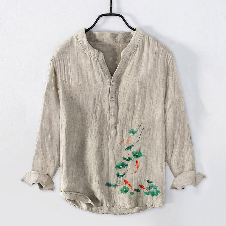 Chemise à manches longues pour homme en coton et lin, à demi-boutons, ornée de Buddha Stones , de carpes koï et de feuilles de lotus. - Lin - US/UK/AU50，EU60 (5XL) - image 3