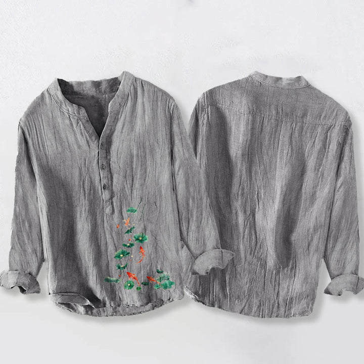 Chemise à manches longues pour homme en coton et lin, à demi-boutons, ornée de Buddha Stones , de carpes koï et de feuilles de lotus. - image 8