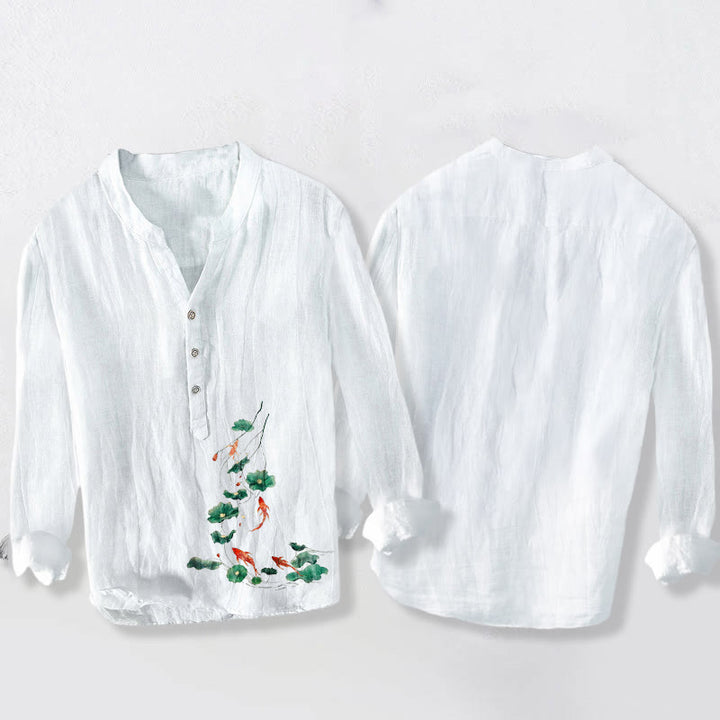 Chemise à manches longues pour homme en coton et lin, à demi-boutons, ornée de Buddha Stones , de carpes koï et de feuilles de lotus. - image 2