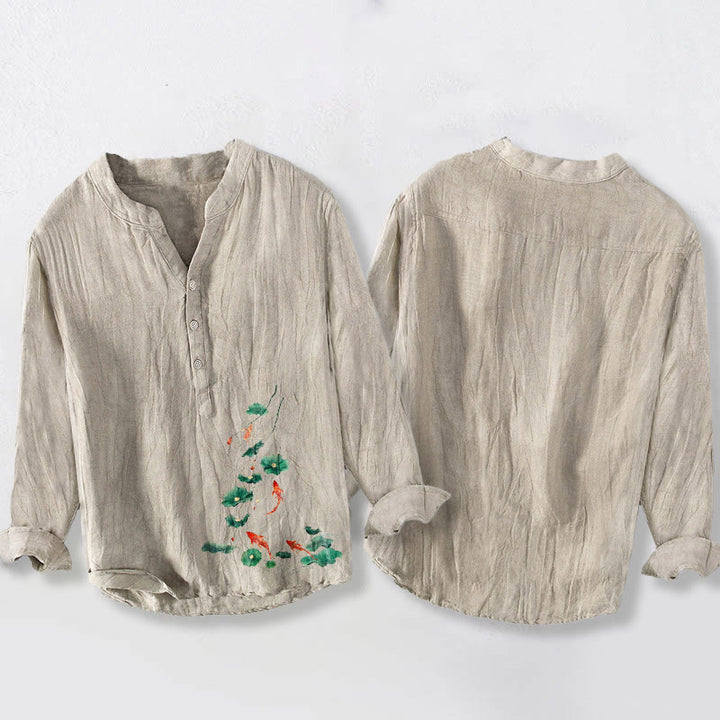 Chemise à manches longues pour homme en coton et lin, à demi-boutons, ornée de Buddha Stones , de carpes koï et de feuilles de lotus. - image 5