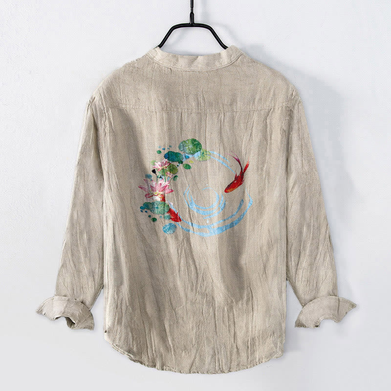 Chemise homme en coton et lin à manches longues, motif Buddha Stones , carpes koï, fleurs de lotus et feuilles. - Lin - US/UK/AU50，EU60 (5XL) - image 3