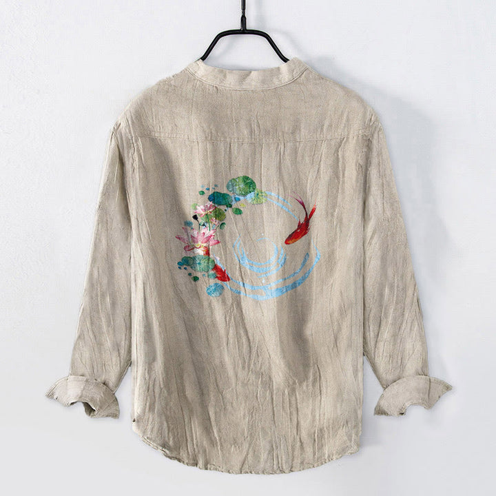Chemise homme en coton et lin à manches longues, motif Buddha Stones , carpes koï, fleurs de lotus et feuilles. - Lin - US/UK/AU50，EU60 (5XL) - image 3