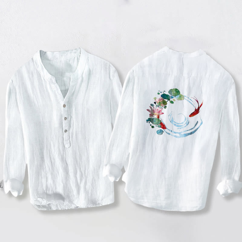 Chemise homme en coton et lin à manches longues, motif Buddha Stones , carpes koï, fleurs de lotus et feuilles. - image 8