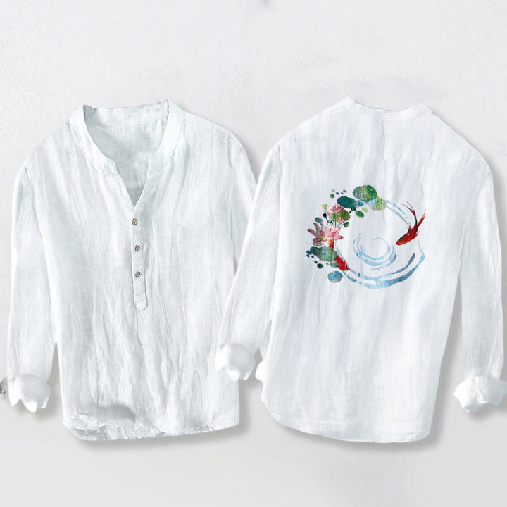 Chemise homme en coton et lin à manches longues, motif Buddha Stones , carpes koï, fleurs de lotus et feuilles. - image 8