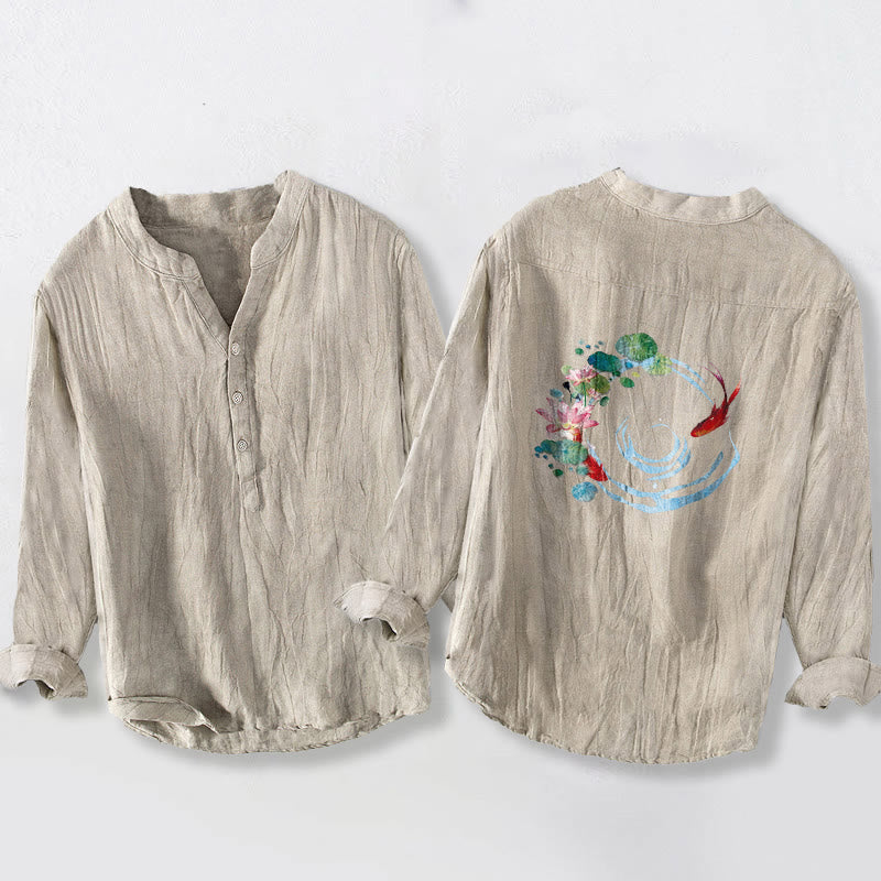 Chemise homme en coton et lin à manches longues, motif Buddha Stones , carpes koï, fleurs de lotus et feuilles. - image 5