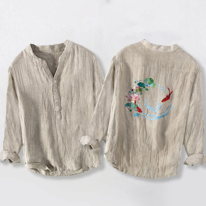 Chemise homme en coton et lin à manches longues, motif Buddha Stones , carpes koï, fleurs de lotus et feuilles. - image 5