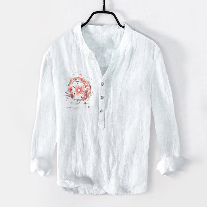Chemise homme en coton et lin à manches longues, motif de dragon rose et fleurs de cerisier, avec demi-boutons et Buddha Stones - Blanc - US/UK/AU50，EU60 (5XL) - image 6