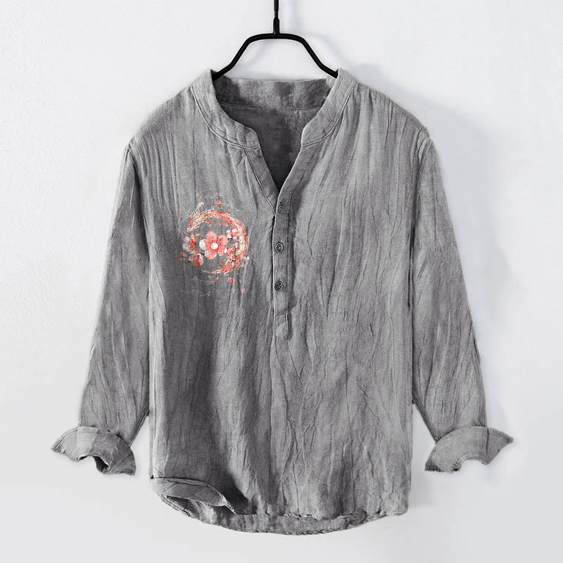 Chemise homme en coton et lin à manches longues, motif de dragon rose et fleurs de cerisier, avec demi-boutons et Buddha Stones - Gris - US/UK/AU50，EU60 (5XL) - image 0