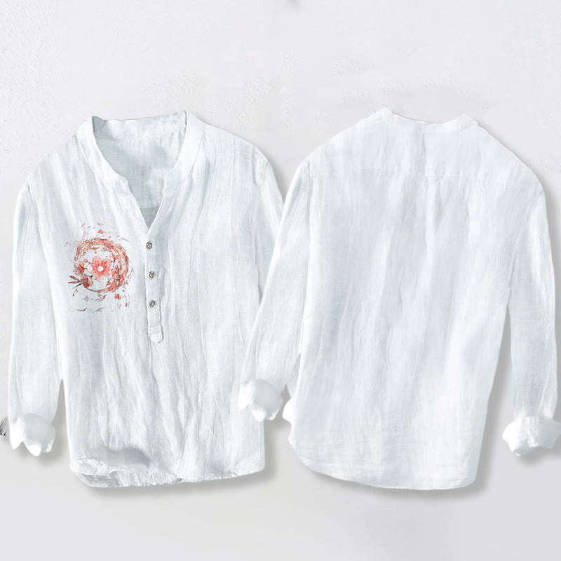 Chemise homme en coton et lin à manches longues, motif de dragon rose et fleurs de cerisier, avec demi-boutons et Buddha Stones - image 8