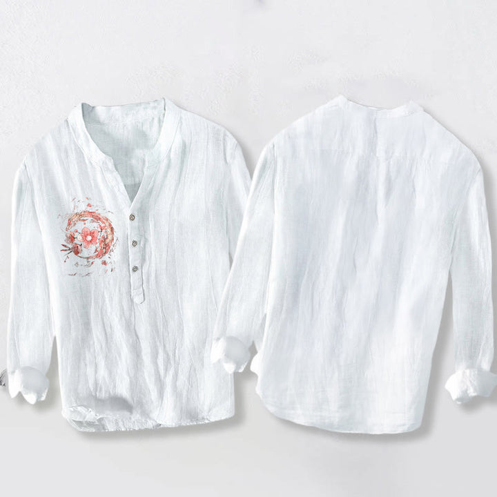 Chemise homme en coton et lin à manches longues, motif de dragon rose et fleurs de cerisier, avec demi-boutons et Buddha Stones - image 8