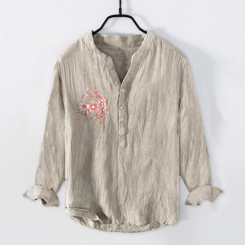 Chemise homme en coton et lin à manches longues, motif de dragon rose et fleurs de cerisier, avec demi-boutons et Buddha Stones - Lin - US/UK/AU50，EU60 (5XL) - image 3