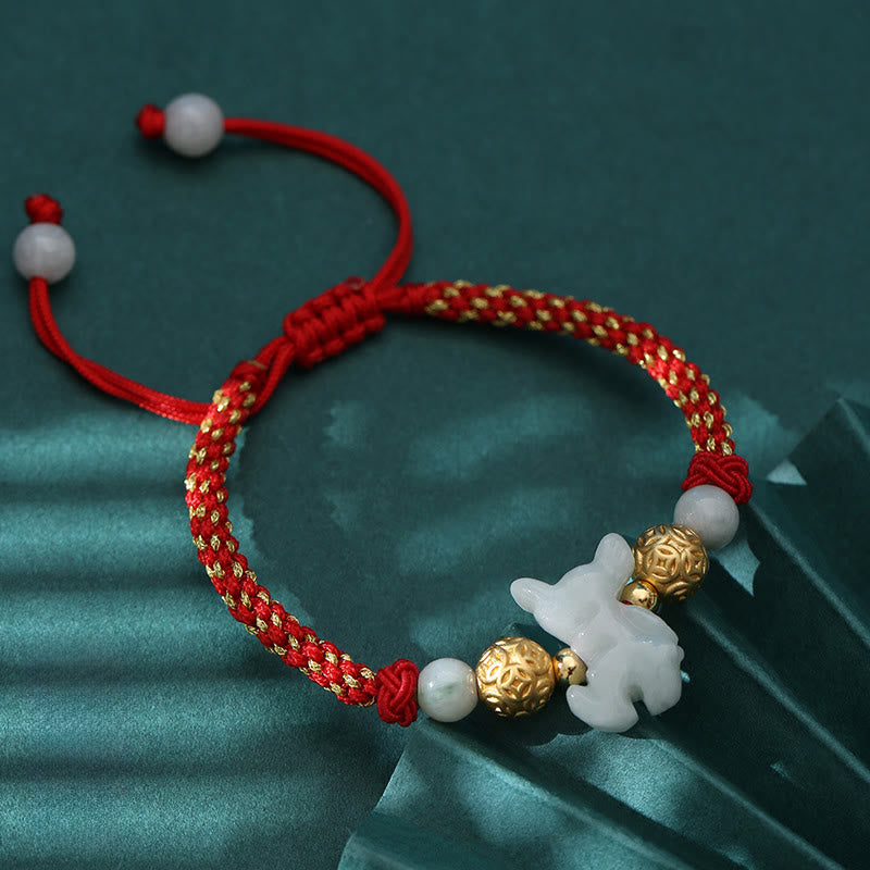 Bracelet porte-bonheur en Buddha Stones, jade et perles d'argent du zodiaque chinois, année du Cheval, fil rouge - Cheval (Tour de poignet : 14-20 cm) - image 0