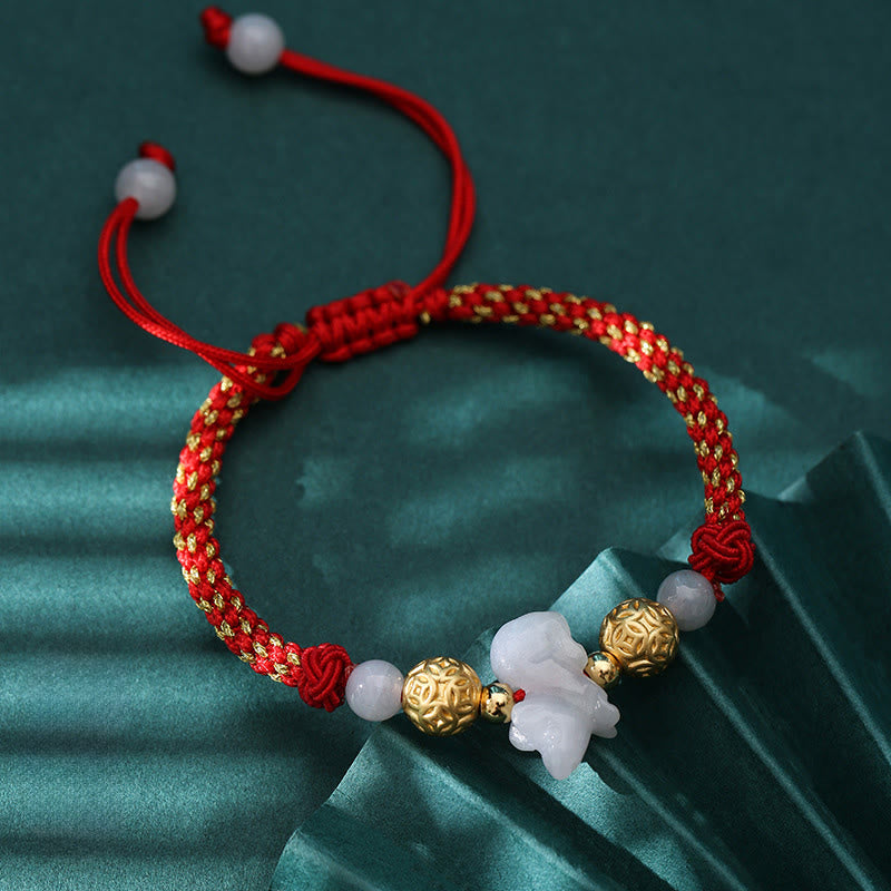 Bracelet porte-bonheur en Buddha Stones, jade et perles d'argent du zodiaque chinois, année du Cheval, fil rouge - Rat (Tour de poignet : 14-20 cm) - image 1