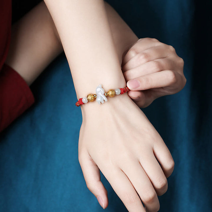 Bracelet porte-bonheur en Buddha Stones, jade et perles d'argent du zodiaque chinois, année du Cheval, fil rouge - image 12