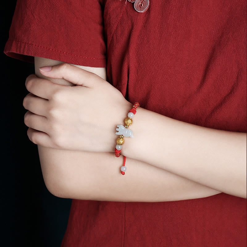 Bracelet porte-bonheur en Buddha Stones, jade et perles d'argent du zodiaque chinois, année du Cheval, fil rouge - image 10