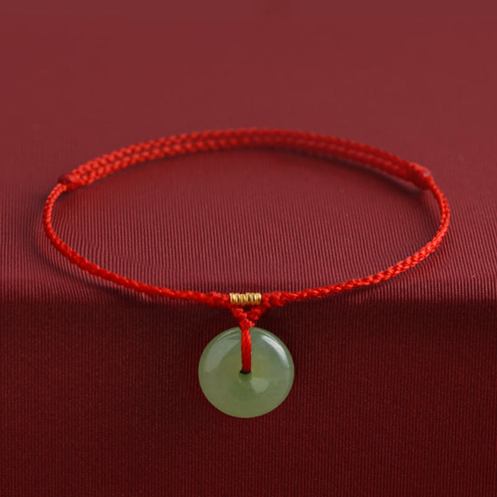Bracelet de cheville en jade Hetian naturel avec boucle de paix et Buddha Stones, orné d'un cordon symbole d'abondance. - Corde rouge - Bracelet de cheville (circonférence de la cheville 22-24 cm) - image 0