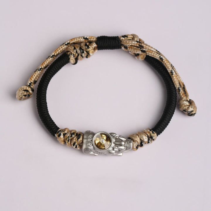 Bracelet en corde tressée à la main Pi Xiu Buddha Stones et porte-bonheur - Cordon noir et beige (Tour de poignet : 14-24 cm) - image 1