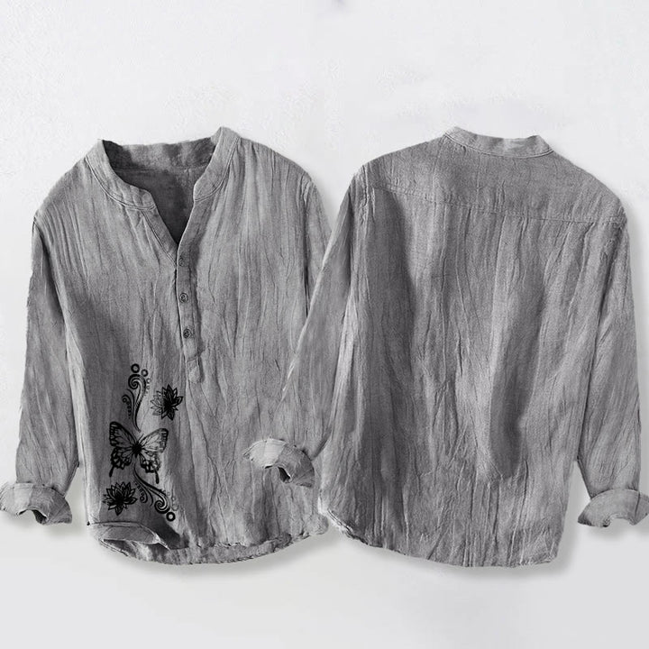 Chemise homme en coton et lin à manches longues, motif papillon et lotus, avec demi-boutons et Buddha Stones - image 5