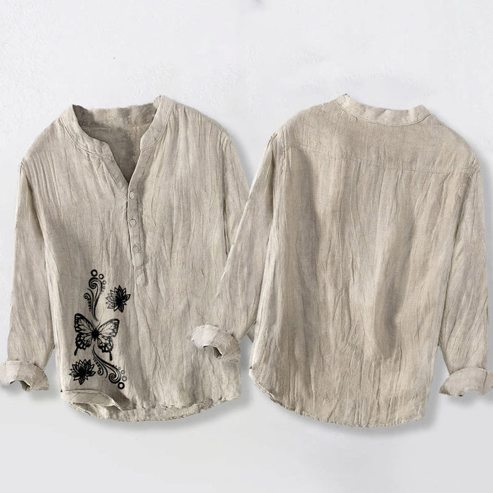 Chemise homme en coton et lin à manches longues, motif papillon et lotus, avec demi-boutons et Buddha Stones - image 2