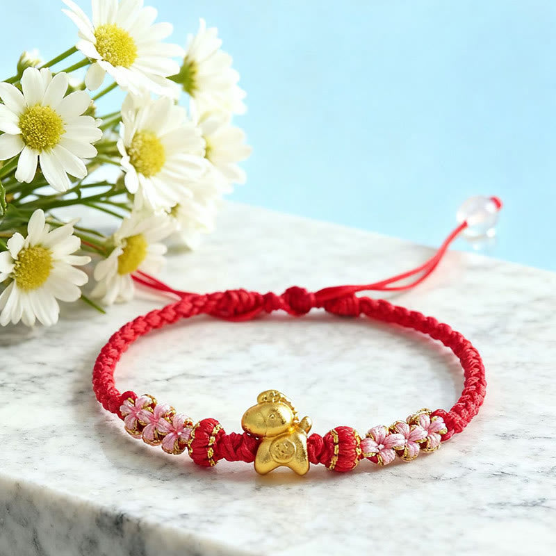 Bracelet porte-bonheur en Buddha Stones, année du Cheval, ficelle multicolore, nœud de fleur de pêcher et ficelle rouge. - image 5