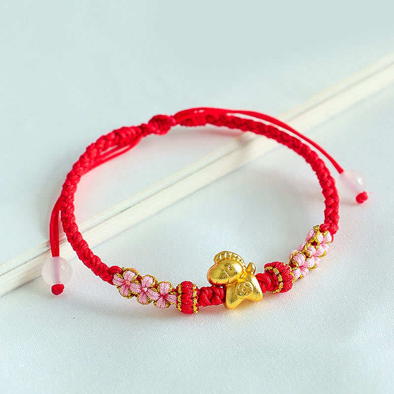 Bracelet porte-bonheur en Buddha Stones, année du Cheval, ficelle multicolore, nœud de fleur de pêcher et ficelle rouge. - image 4