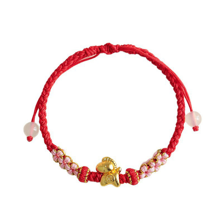 Bracelet porte-bonheur en Buddha Stones, année du Cheval, ficelle multicolore, nœud de fleur de pêcher et ficelle rouge. - image 6