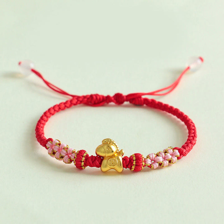 Bracelet porte-bonheur en Buddha Stones, année du Cheval, ficelle multicolore, nœud de fleur de pêcher et ficelle rouge. - Cordon rouge (Tour de poignet : 15-19 cm) - image 1