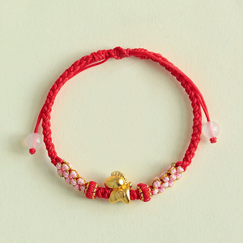 Bracelet porte-bonheur en Buddha Stones, année du Cheval, ficelle multicolore, nœud de fleur de pêcher et ficelle rouge. - image 2