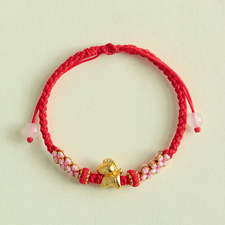 Bracelet porte-bonheur en Buddha Stones, année du Cheval, ficelle multicolore, nœud de fleur de pêcher et ficelle rouge. - image 2
