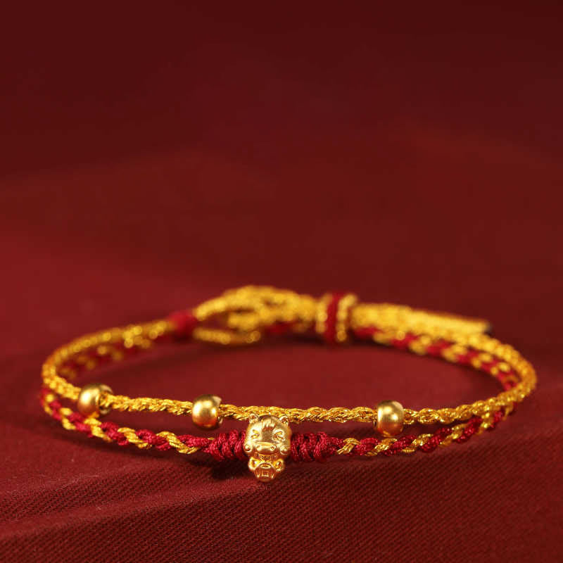 Bracelet porte-bonheur double tour en perles d'or 999 et Buddha Stones, année du Cheval, avec cordon rouge et doré. - image 10