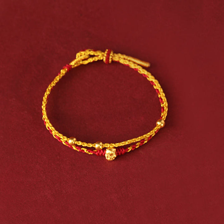 Bracelet porte-bonheur double tour en perles d'or 999 et Buddha Stones, année du Cheval, avec cordon rouge et doré. - image 11